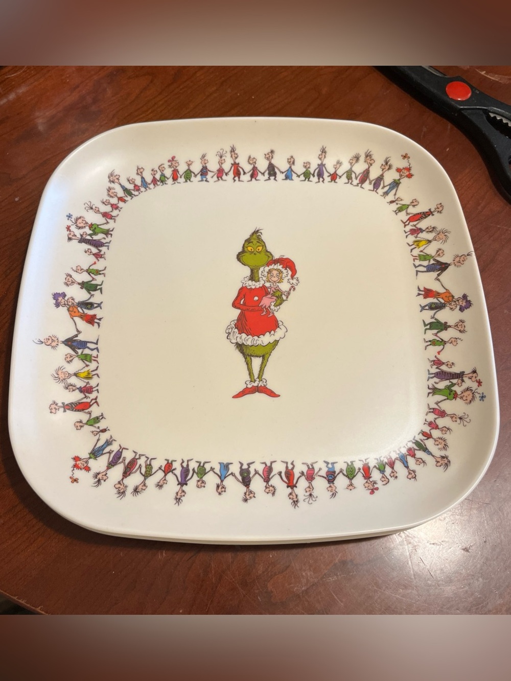 (4) Dr Seuss The Grinch Whoville Christmas Melamine Square Dinner Plates 10"